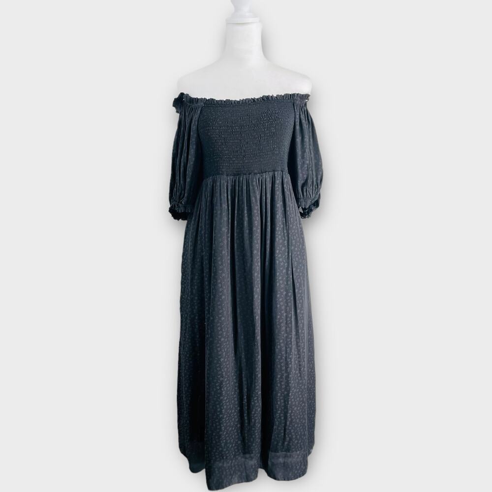 Hatch Black Dress Floral Smocked Puff Sleeve Evening Maternity Dress Pockets 2
